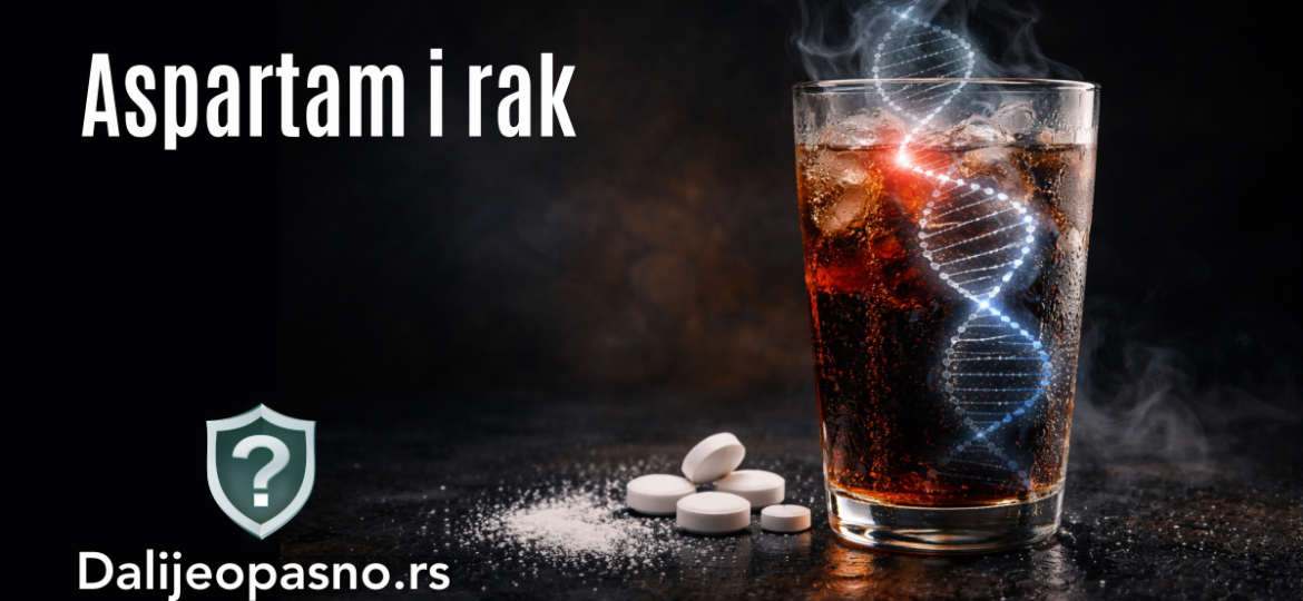 Vizuelni prikaz aditiva aspartam E951 u dijetalnom piću sa simboličnim prikazom uticaja na DNK strukturu i kancerogenost.