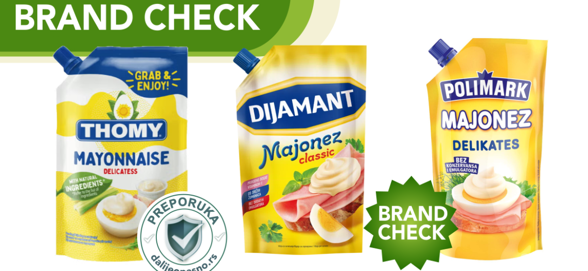Uporedni prikaz sastava Thomy, Dijamant i Polimark majoneza sa istaknutim statusom aditiva i konzervansa E211 i E202.