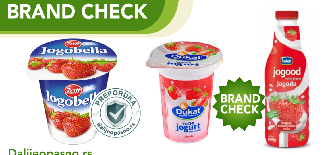 Uporedni prikaz sastava voćnih jogurta Jogobella, Flirt i Frutissimo sa ocenama sadržaja šećera i aditiva.