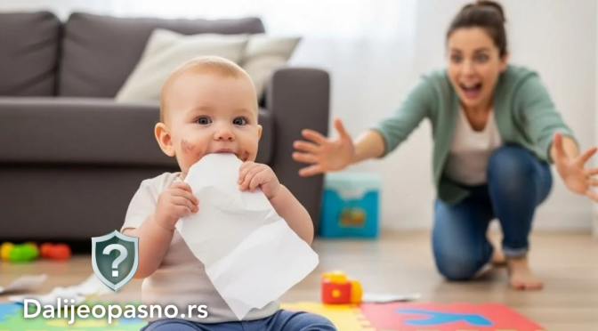 Beba grize ivicu kartonske slikovnice – prva pomoć i saveti šta raditi ako dete pojede parče papira.